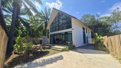 Vue extérieure de La Villa Tropicale entourée de palmiers